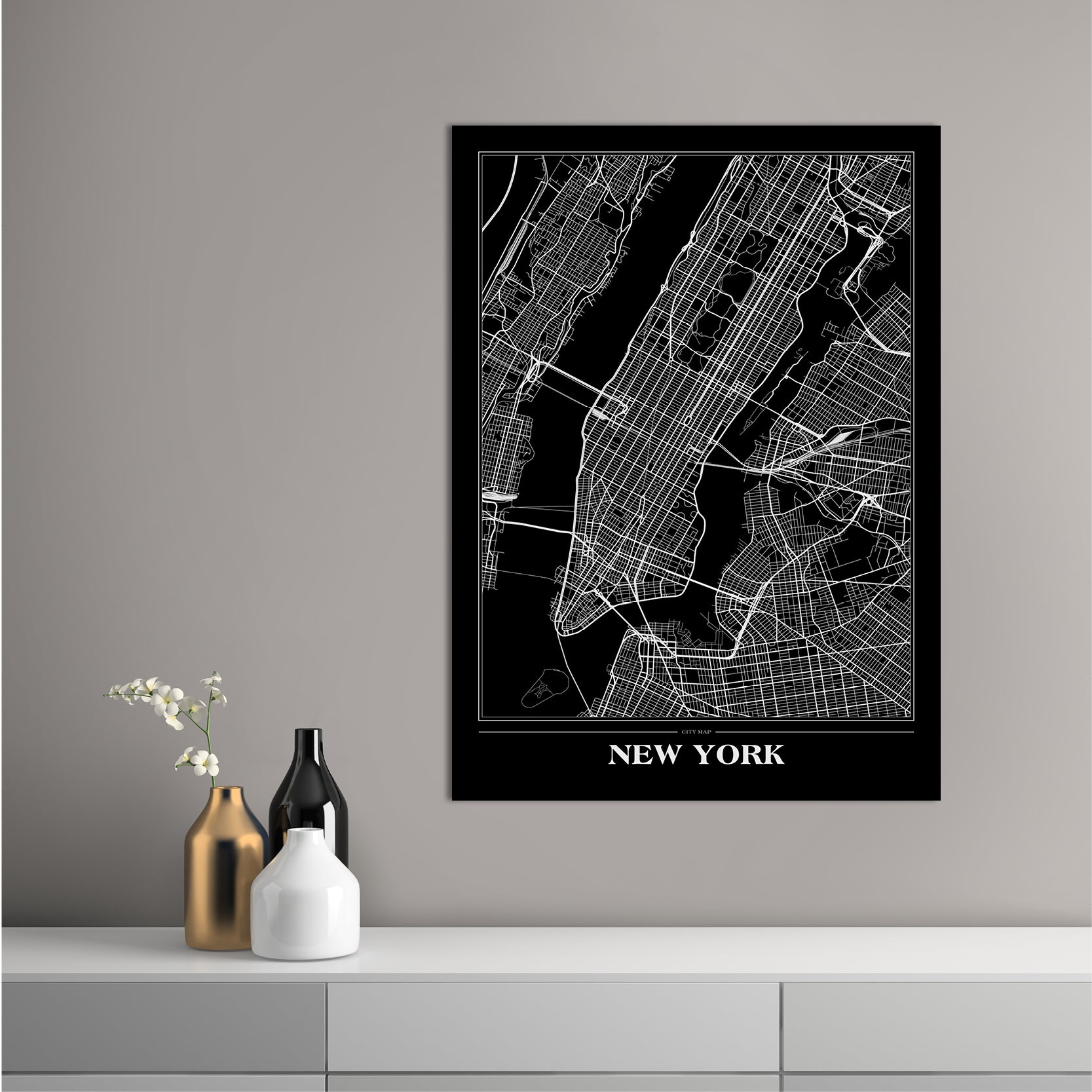 Map New York Black | INDRAMMET BILLEDE Indrammet billede MF 30x40 Sort