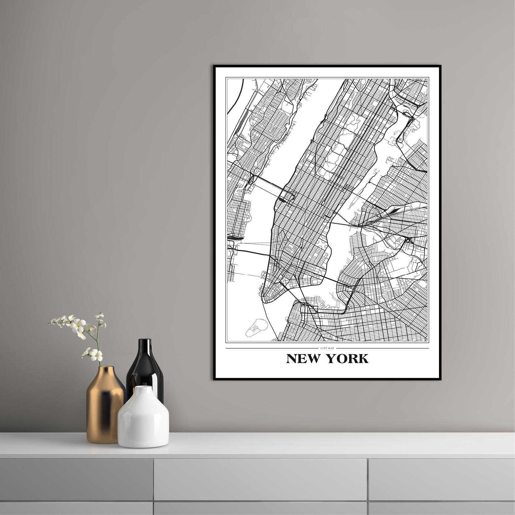 Map New York white | INDRAMMET BILLEDE Indrammet billede MF 30x40 Sort