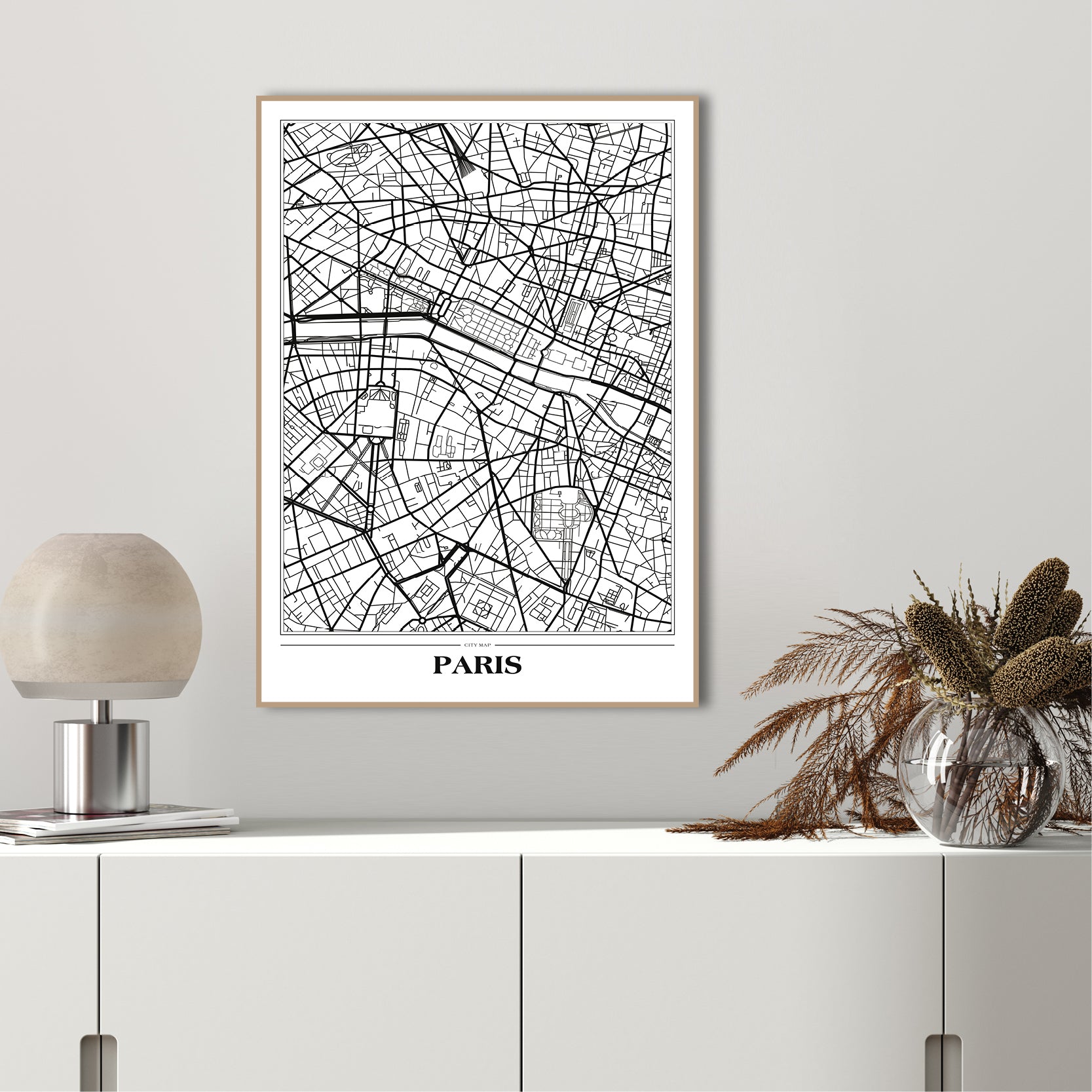 Map Paris white | INDRAMMET BILLEDE Indrammet billede MF 30x40 Sort