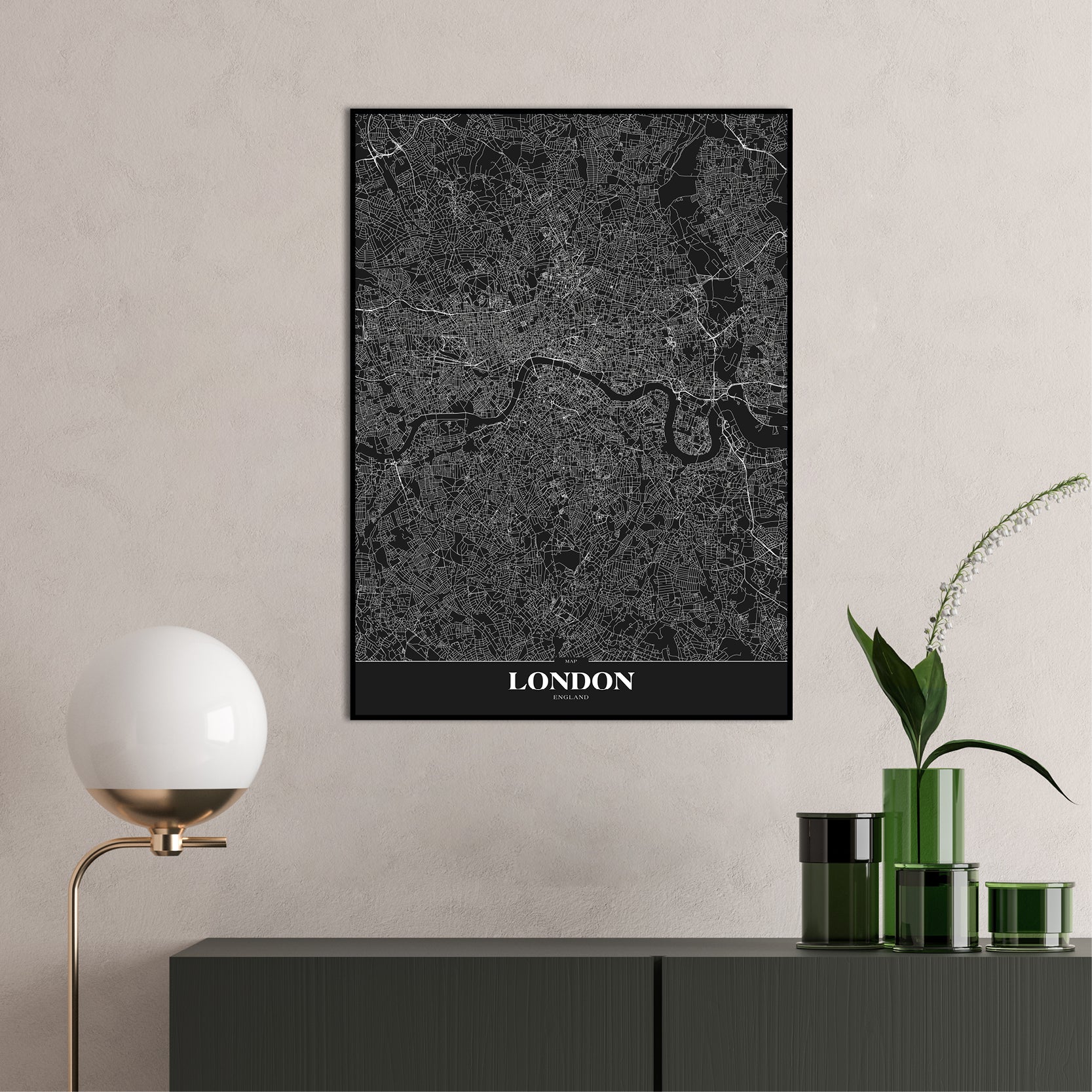 Map London black | INDRAMMET BILLEDE Indrammet billede MF 30x40 Sort