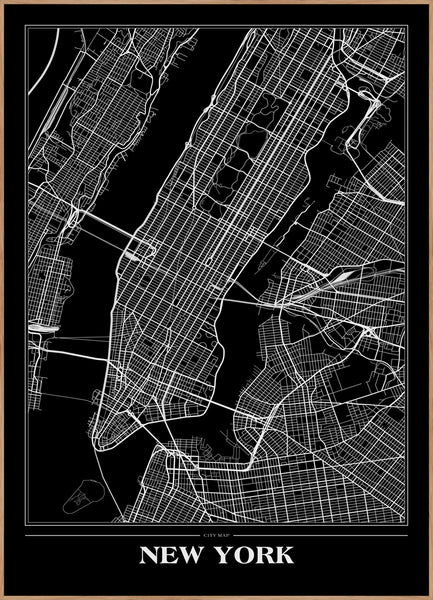 Map New York Black | INDRAMMET BILLEDE Indrammet billede MF 30x40 Egeramme