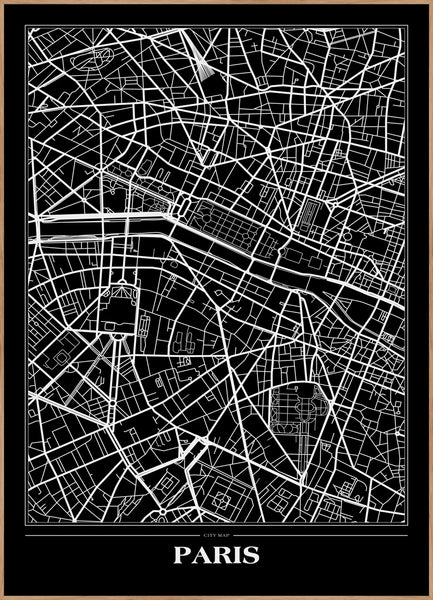Map Paris Black | INDRAMMET BILLEDE Indrammet billede MF 30x40 Egeramme