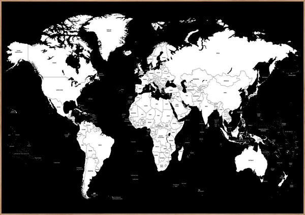 Worldmap Black | INDRAMMET BILLEDE Indrammet billede MF 30x40 Egeramme