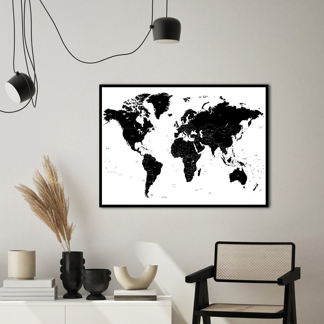 Worldmap White | INDRAMMET BILLEDE Indrammet billede MF 30x40 Sort