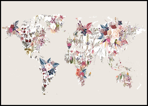 Worldmap flowers light | INDRAMMET BILLEDE Indrammet billede MF 30x40 Sort