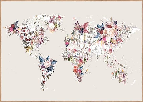 Worldmap flowers light | INDRAMMET BILLEDE Indrammet billede MF 30x40 Egeramme