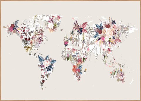Worldmap flowers light | INDRAMMET BILLEDE Indrammet billede MF 30x40 Egeramme