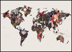 Worldmap flowers | INDRAMMET BILLEDE Indrammet billede MF 30x40 Sort