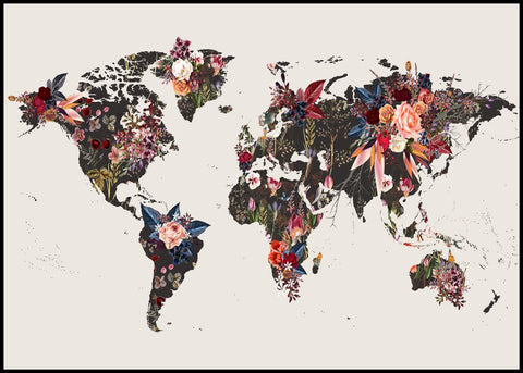 Worldmap flowers | INDRAMMET BILLEDE Indrammet billede MF 30x40 Sort