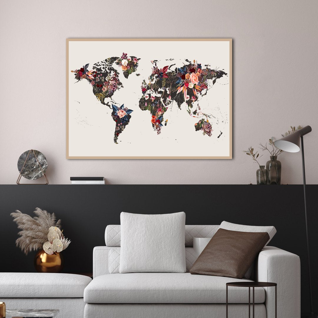Worldmap flowers | INDRAMMET BILLEDE Indrammet billede MF 30x40 Sort