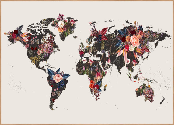 Worldmap flowers | INDRAMMET BILLEDE Indrammet billede MF 30x40 Egeramme
