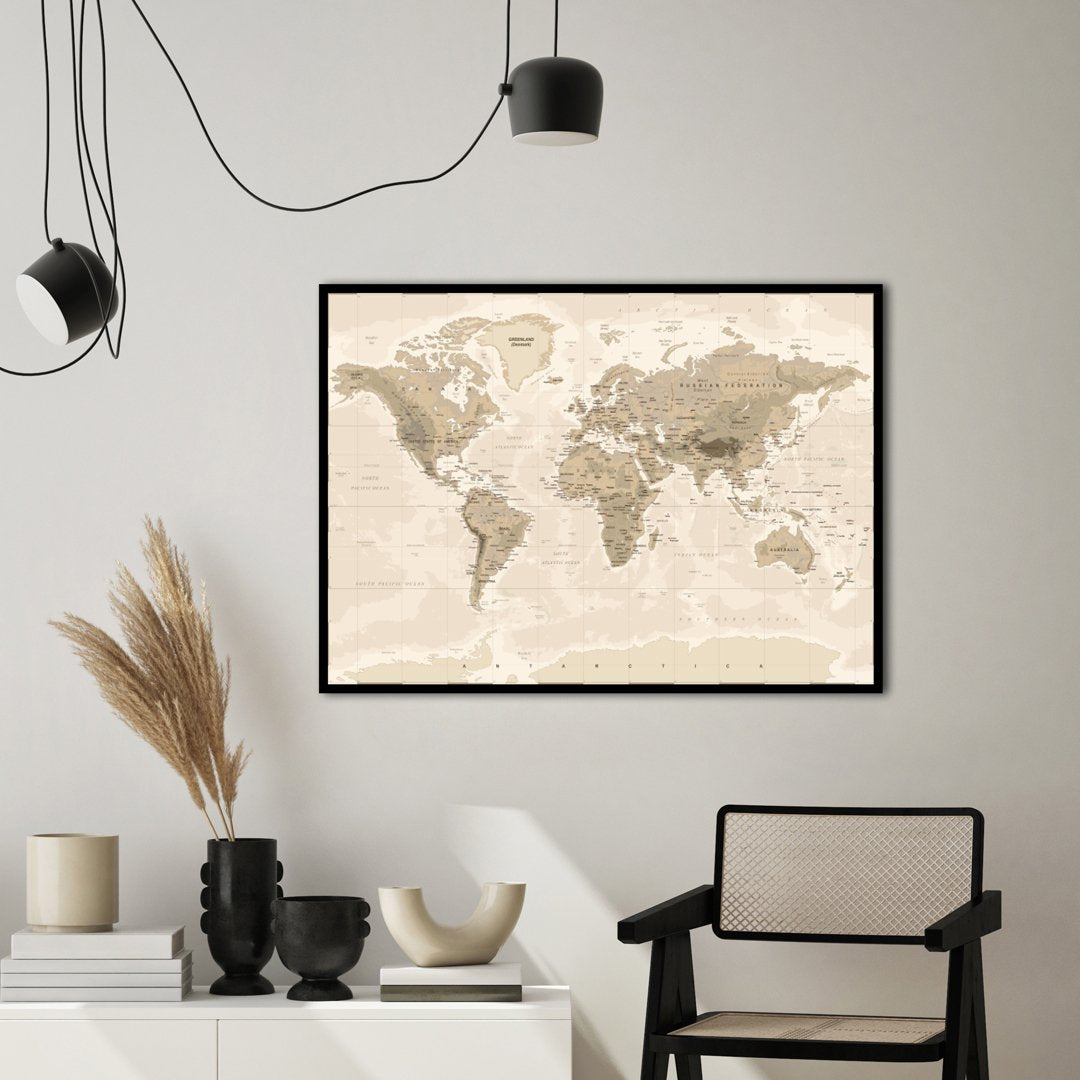 Worldmap vintage | INDRAMMET BILLEDE Indrammet billede MF 30x40 Sort