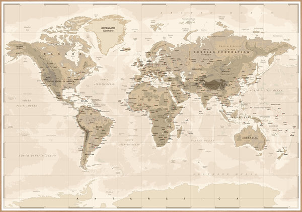Worldmap vintage | INDRAMMET BILLEDE Indrammet billede MF 30x40 Egeramme